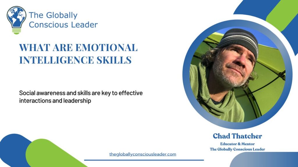 Image with text: What are Emotional Intelligence Skills and photo of a person outdoors under a green structure.