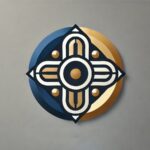 Abstract geometric design with blue and gold circles and intricate patterns on a gray background.