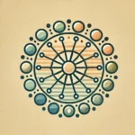 Abstract circular design with colorful radial lines and dots on a beige background. Modern geometric art illustration.