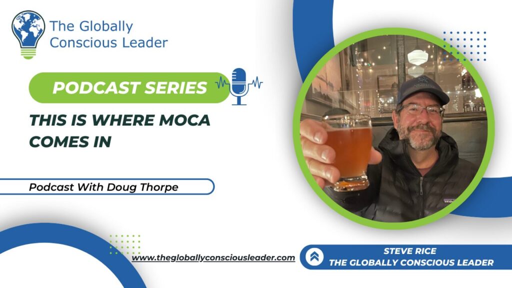 Podcast series promotion: This is Where MOCA Comes In featuring Doug Thorpe. Man holding drink, smiling in a circle frame.