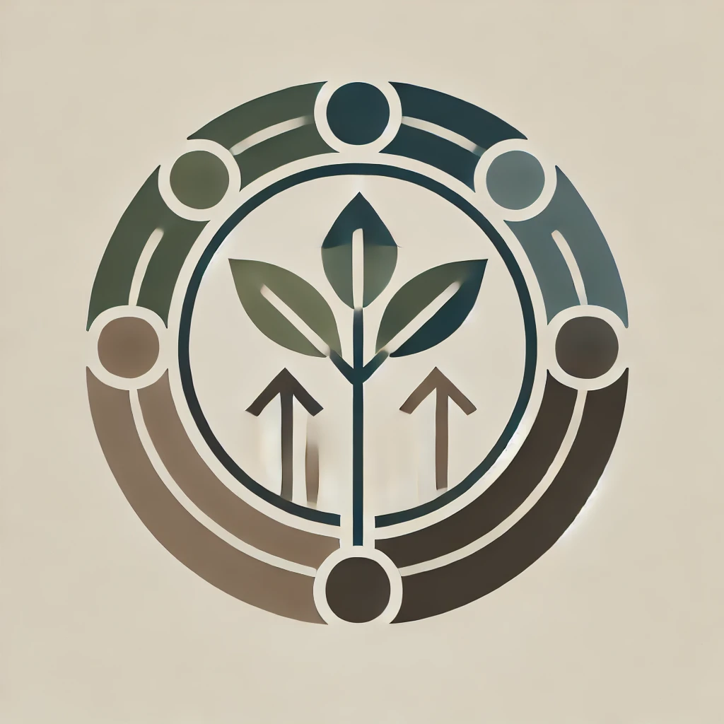 Eco-friendly emblem with green plant and arrows, symbolizing growth and sustainability within a circular design.